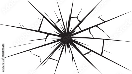 Shattered Glass Radial Crack Pattern, Broken Window Pane Vector for Destruction and Impact Concepts
