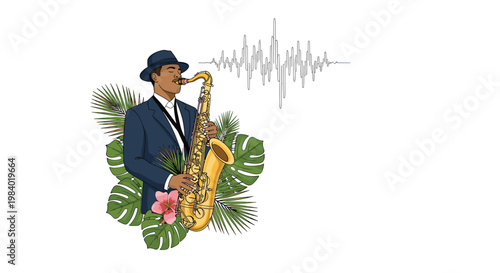 Stylish musician playing a golden saxophone surrounded by vibrant tropical palm leaves and a digital sound wave graphic in the background.