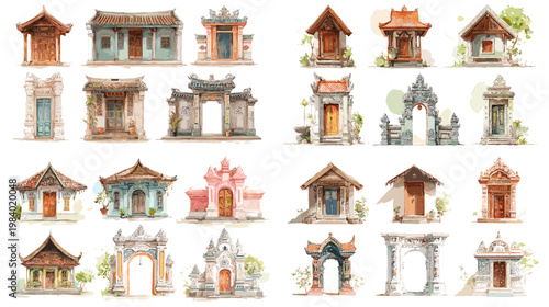 Watercolor traditional house collection with colorful Asian facades, doors and cottages, perfect for travel illustrations, heritage projects, maps and cultural designs.