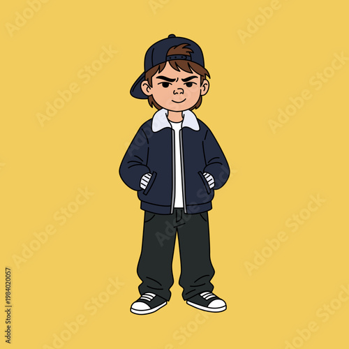 Confident cartoon boy in bomber jacket, backward cap, and streetwear style