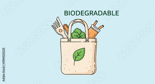 Illustration of a biodegradable tote bag filled with eco-friendly products against a light blue background with a leaf design.