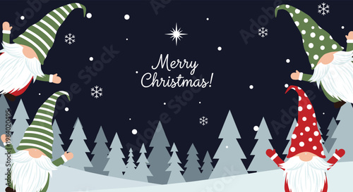 Festive Christmas gnomes with long white beards and tall hats celebrating in a snowy winter forest under a starry night sky.