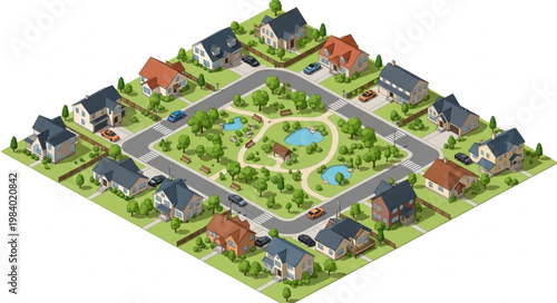 Isometric View of a Suburban Neighborhood with Houses and Park.
