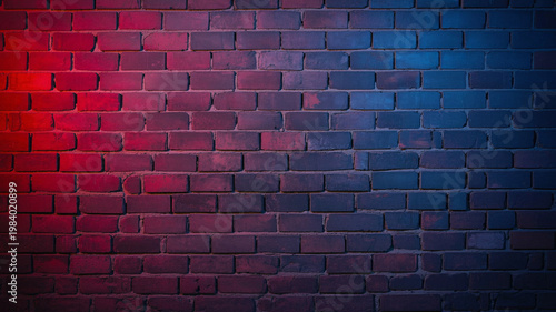A dark brick wall with red and blue lighting effects