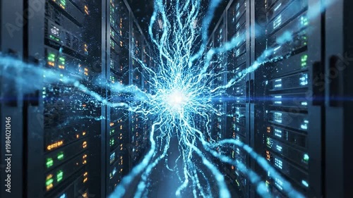 Futuristic glowing data center with dynamic energy pulses and digital connections 4k video
