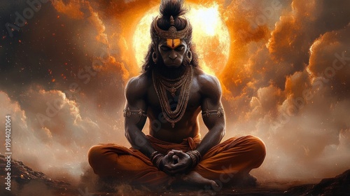 Muscular meditating ascetic in saffron cloth with topknot and layered necklaces seated in lotus pose before a blazing sun halo and fiery clouds, evoking powerful calm and sacred transcendence