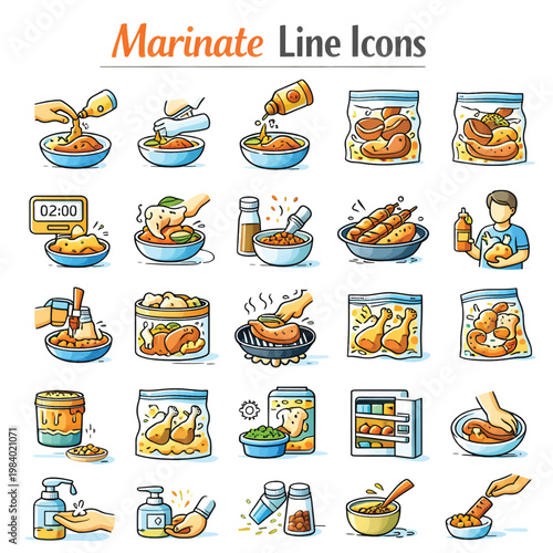Marinate Line Icons Set – Food Preparation, Seasoning and Marinade Process Outline Collection