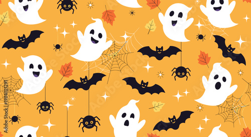 Fun Halloween seamless pattern with cute ghosts, bats, spiders on webs, and autumn leaves over a bright orange background.