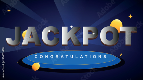 Jackpot congratulations banner with silver text on dark blue ray background