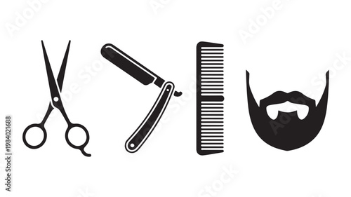 Barber Shop Icons Set with Scissors Razor Comb and Mustache Minimalist Black Hairdressing Tools Vector Illustration Isolated on White