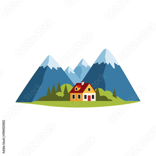 Cozy Small House in Mountain Landscape Flat Vector Illustration