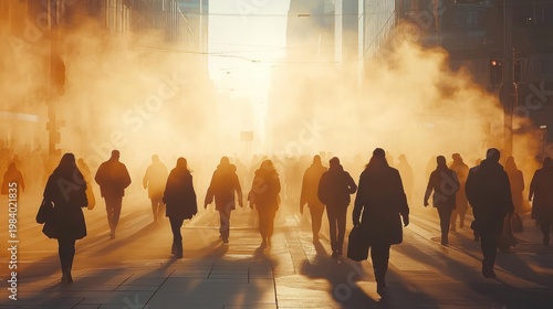 Silhouetted commuters walking through golden fog on a city street, long shadows and a mood of hurry and anonymity