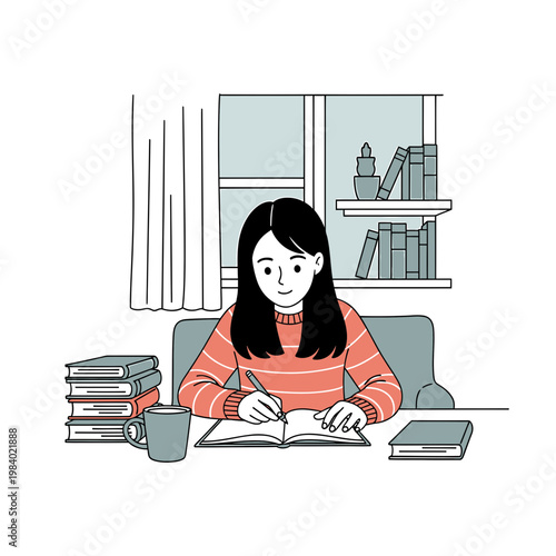 Student girl writing in notebook at desk in cozy room illustration