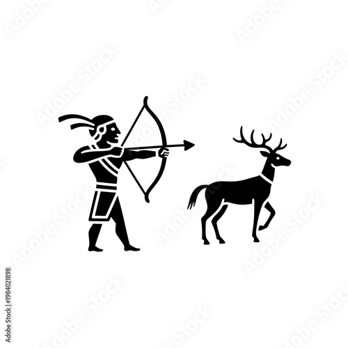 Indigenous Hunter with Bow and Arrow Aiming at Deer Vector