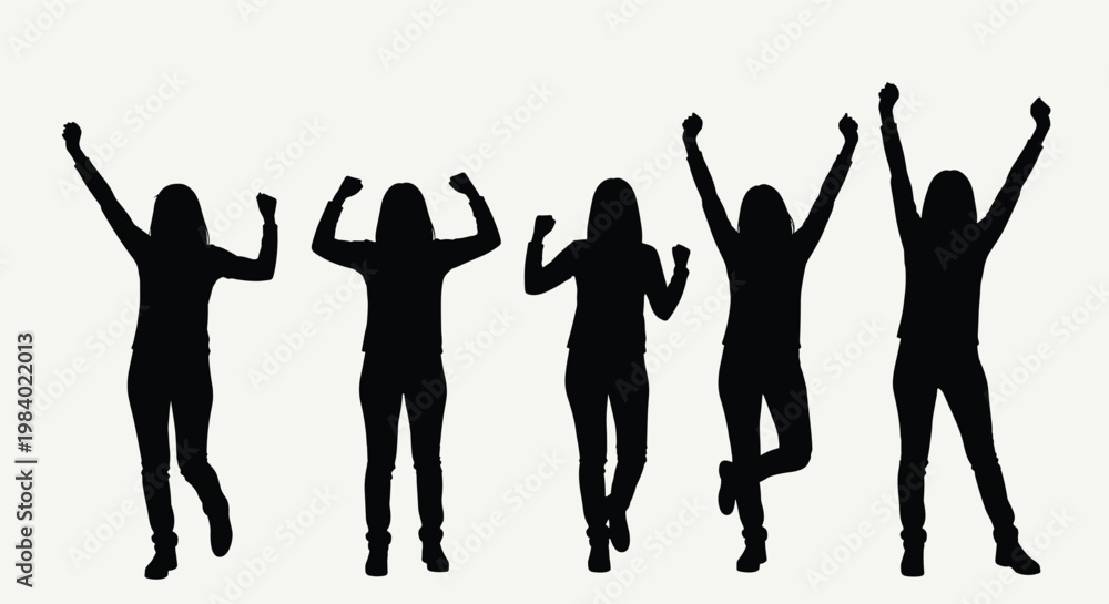Fototapeta premium Silhouette group of five energetic women celebrating with their arms raised in poses of victory and joy on white.