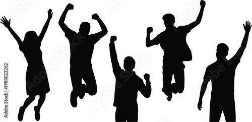 Happy people jumping silhouettes set, celebration and success poses vector illustration for motivation, energy
