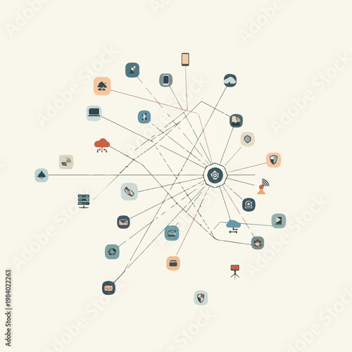 A central node connects to various devices and icons