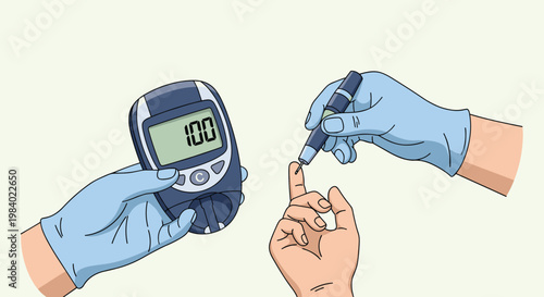 Medical professional wearing blue gloves measuring patient blood glucose level with digital monitor for diabetes care.