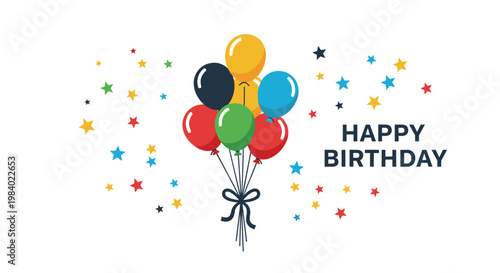 Colorful bunch of party balloons surrounded by bright stars and festive Happy Birthday typography on white background.