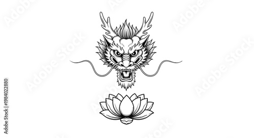 Black and white line art of a dragon head with intense gaze above a blooming lotus flower in traditional oriental style.