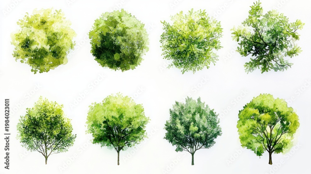 Fototapeta premium twelve hand-painted watercolor green trees in a grid showing varied canopies and trunks, a fresh peaceful botanical study