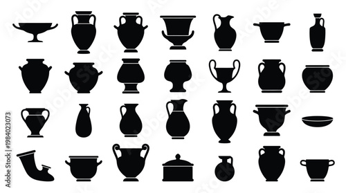 Ancient Greek Pottery Silhouette Collection of Amphora Vase and Vessel Icons for History Museum and Classic Art Graphics