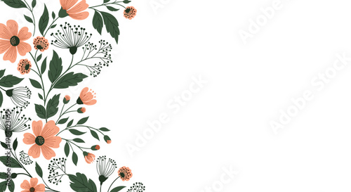 Beautiful floral border featuring peach blossoms and green foliage on a white background for invitations or greeting cards.