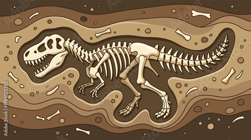 Cartoon Tyrannosaurus Rex Skeleton Fossil Buried in Layers of Soil Archaeological Excavation Illustration