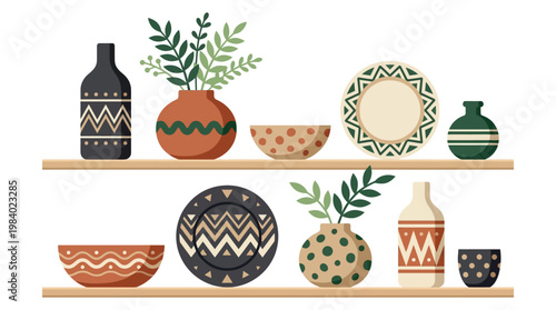 Modern Minimalist Flat Vector Illustration of Decorative Ceramic Pottery and Stoneware on Wooden Shelves