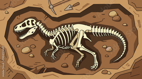 Cartoon Dinosaur Skeleton Fossil Archeology Excavation Site Illustration with Digging Tools in Ground Dirt Pit for Educational Projects