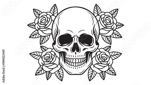 Human Skull with Roses Tattoo Vector Art for Halloween and Gothic Floral Design Concepts