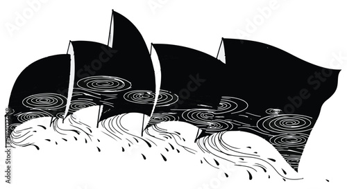 Abstract black and white graphic of waves and rain creating ripples