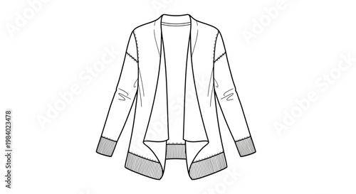 Detailed vector illustration showcasing a stylish open-front cardigan with a draped collar, presented in a clean line art style against a plain white background, ideal for fashion design