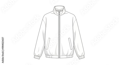 Detailed line-art illustration of a sporty windbreaker jacket, an apparel design with a zipper and pockets, presented as a vector icon against a clean white background, providing a clear