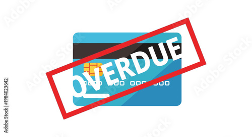 overdue credit card debt late payment financial problem a red stamp on a blue bank card showing financial stress.