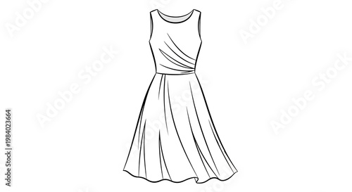 A line drawing of a sleeveless dress with draped fabric at the waist, presented as a vector illustration in black and white, showcasing minimalist fashion design against a clean background