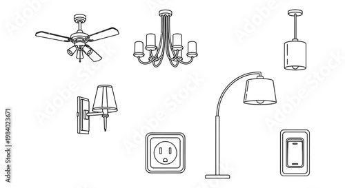 vector line art icons of common electrical fixtures and diverse home lighting solutions for interior design.