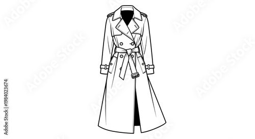 Detailed vector illustration of a long trench coat design in black and white, showcased against a pristine white background, providing a clean, minimalist style for fashion layouts