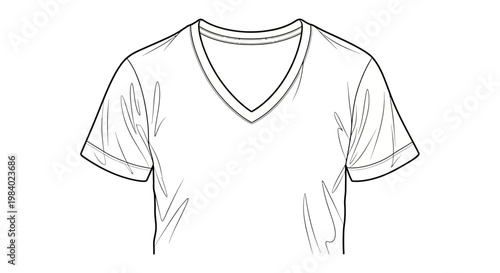 Flat vector illustration showing a clean, outlined T-shirt design, featuring a V-neck and short sleeves, isolated against a bright white background in a minimalist style that's