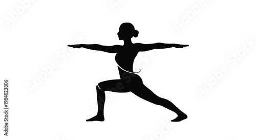 Silhouette of a woman in a warrior yoga pose, embodying strength and balance against a white background.