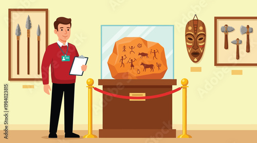 Museum Guide Standing in History Museum with Cave Paintings and Stone Age Artifacts Vector Illustration