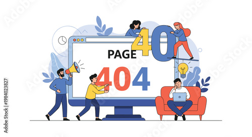 Creative concept for a 404 website error page showing people trying to fix giant numbers on a computer screen in a colorful style.