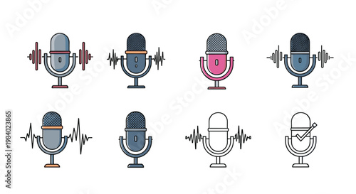Set of professional studio microphones with various sound waves and recording status icons for podcasting or radio broadcasting.