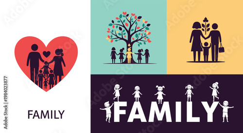 Collection of family themed icons and illustrations depicting parents with children in hearts and silhouettes symbolizing unity and love.