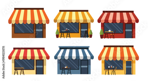 Collection of various colorful shop storefronts with striped awnings and outdoor seating arrangements for cafes or retail boutiques.