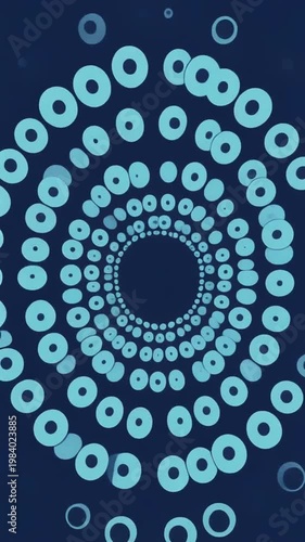 Spiral pattern of blue circles on dark background
