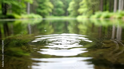 Water Droplet Creates Ripple in Forest Pond