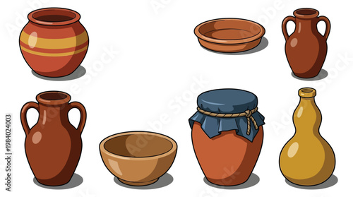 Vintage Style Clay Pottery Collection Featuring Vases Amphorae Bowls and Decorated Ceramic Jars Isolated on White