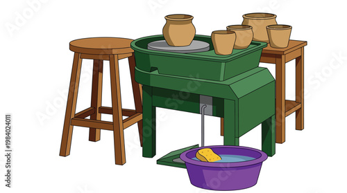 Potters Wheel Machine with Clay Vases and Wooden Stools in Art Studio Workshop Isolated on White Background