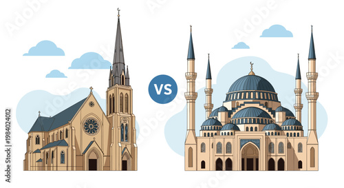Comparison of traditional architecture between a Christian church and an Islamic mosque under a blue cloudy sky.